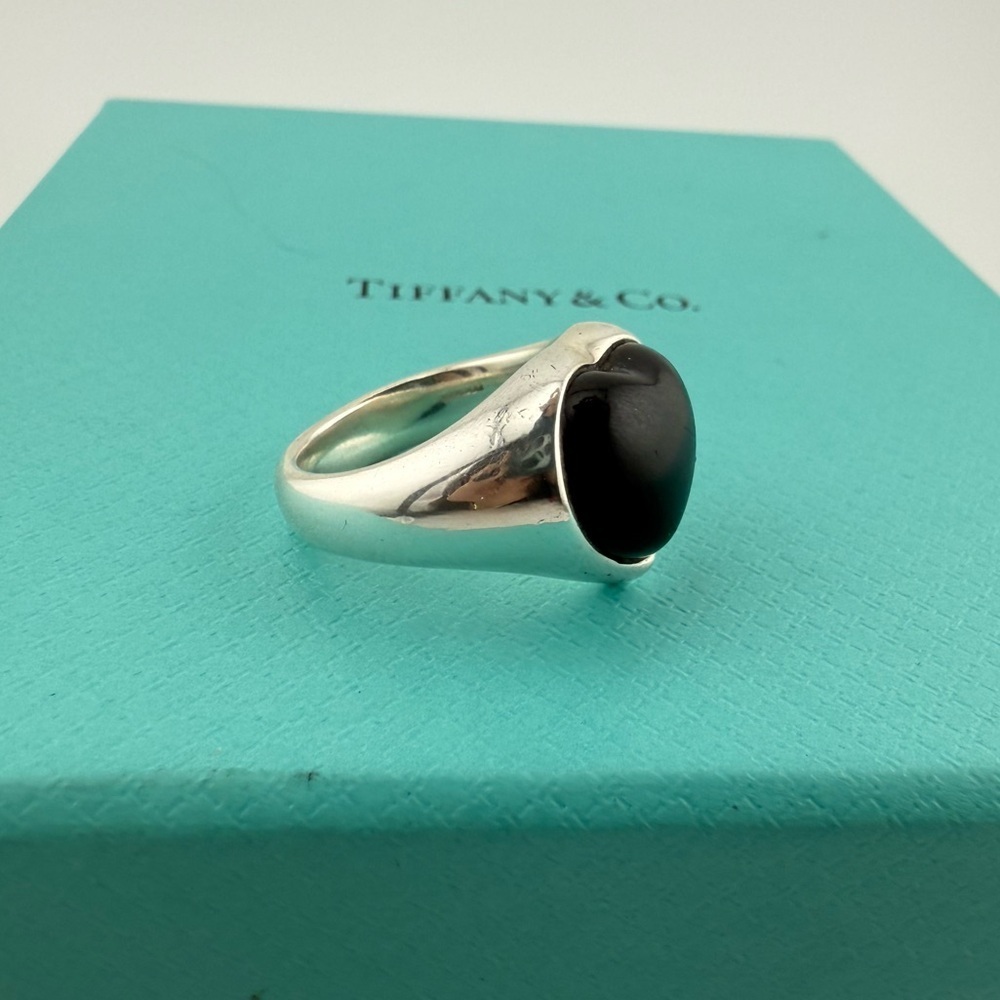 Tiffany & Co. Elsa Peretti Heart Shaped Black Jade Cabochon Ring Sterling Silver - Picture 8 of 12